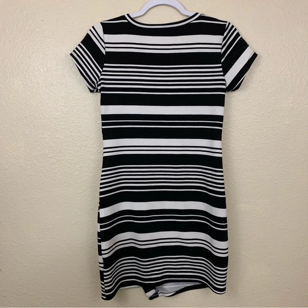 Pink Rose Black White Striped Asymmetrical Mini Dress Size S